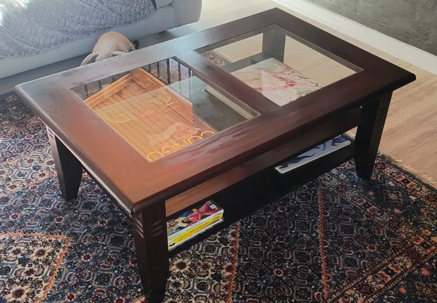 Large Dark Wood & Glass Coffee Table