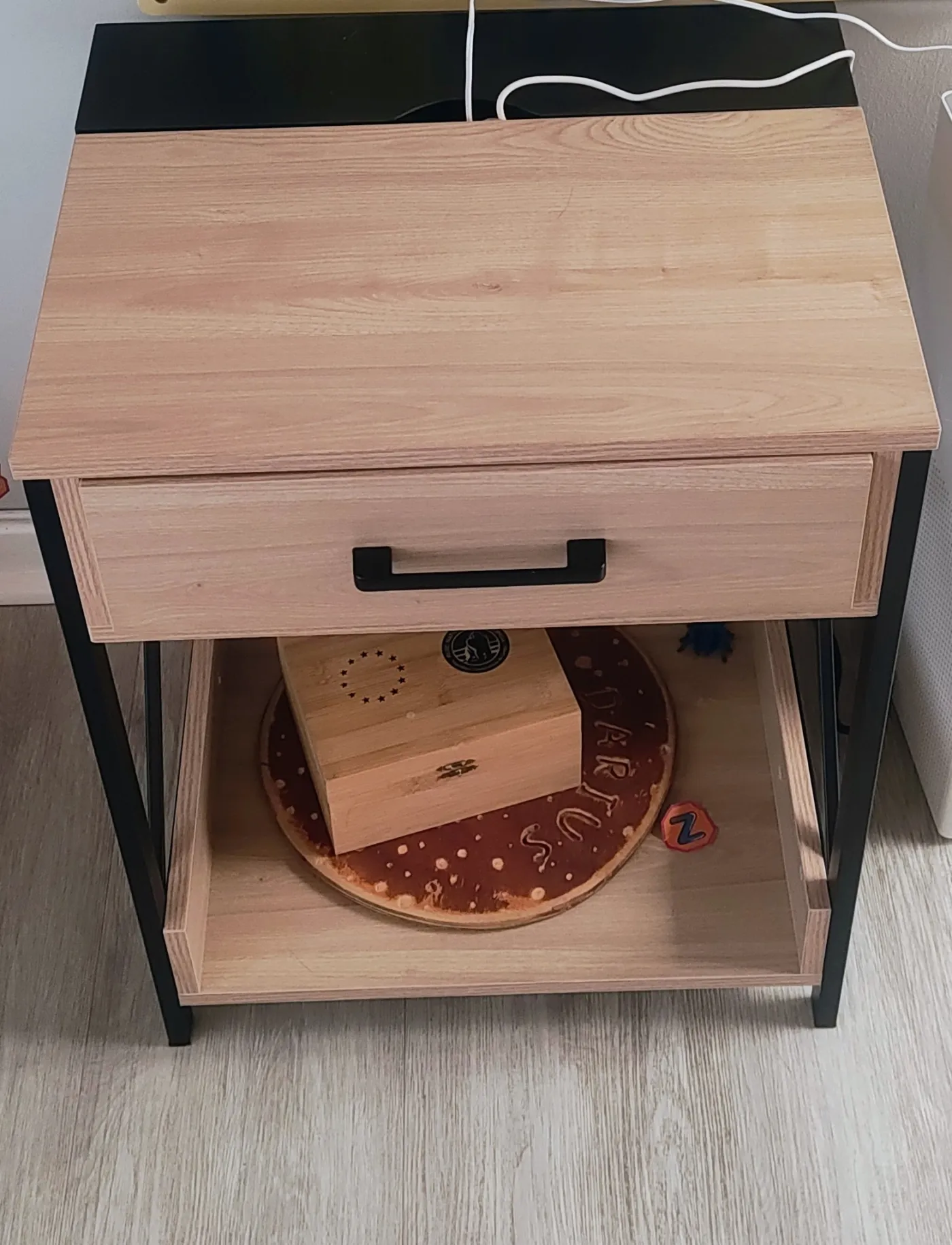 Night Table with Integrated Multiplug – Light Oak & Black